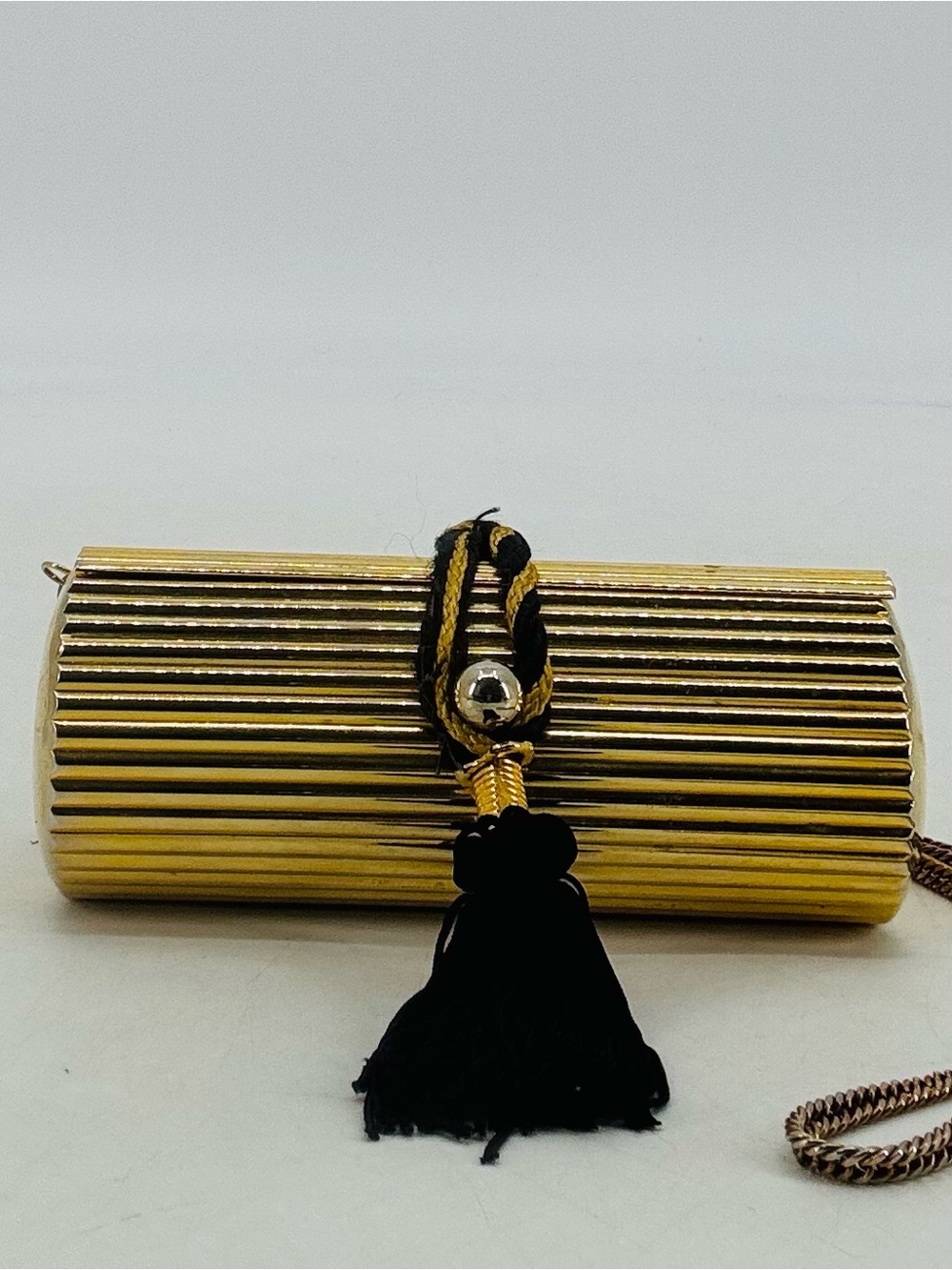 Vintage 70s Minaudieres Gold Metal Cylinder Barrel Tassel Evening Bag Crossbody